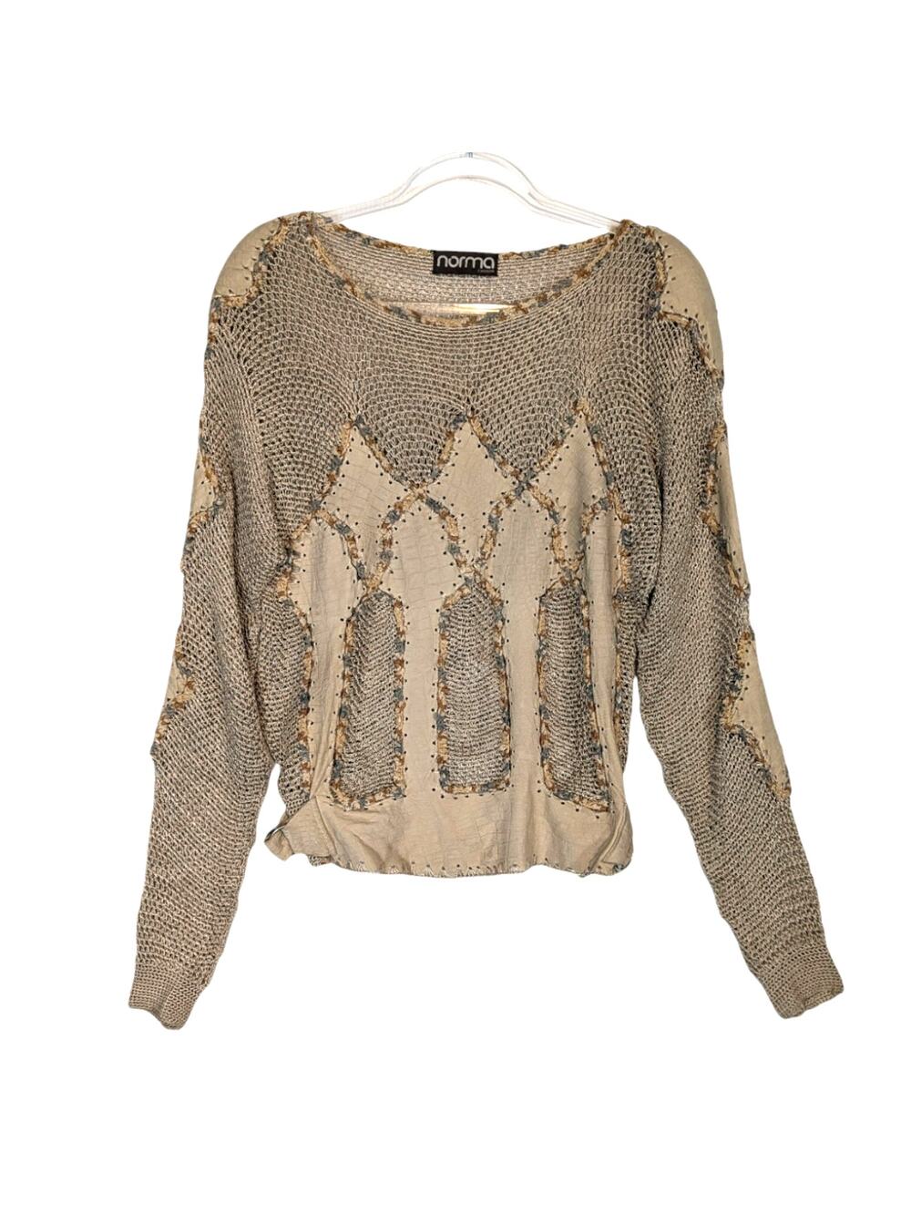 Vintage 80's Norma Canada Crochet & Leather Patch Sweater Sheer Tan SEE Measure